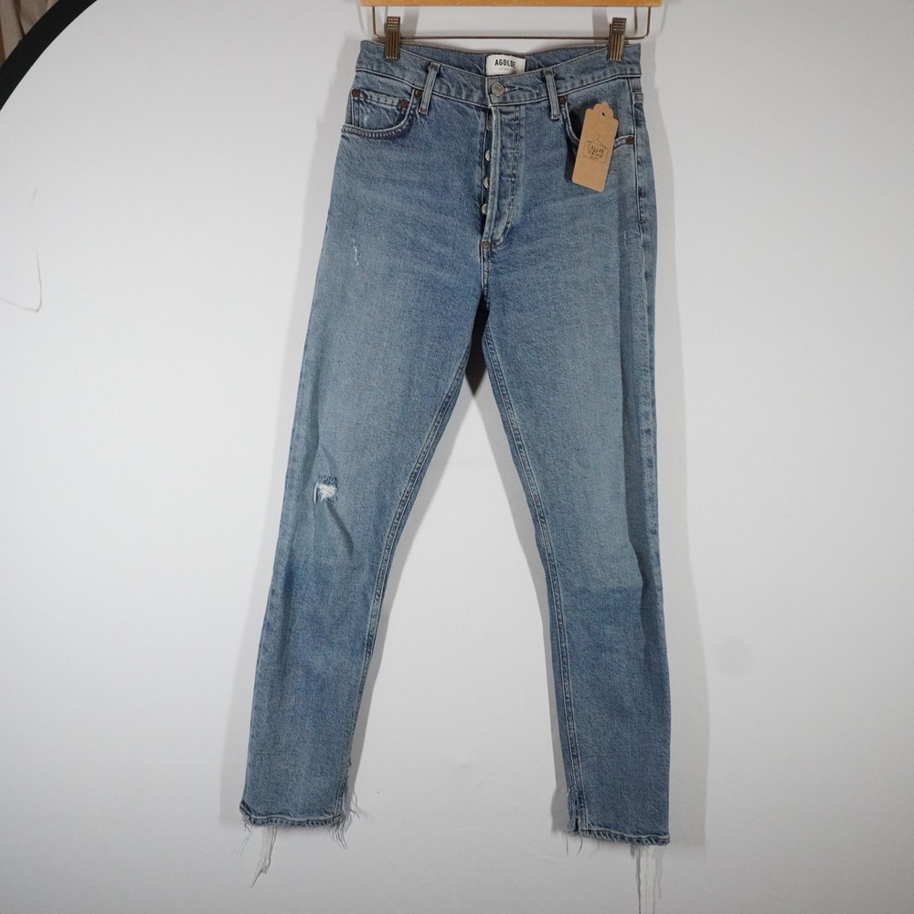 AGOLDE High Rise Skinny Distressed Jeans Light Wash Button‎ Fly Size 25 Raw Hem